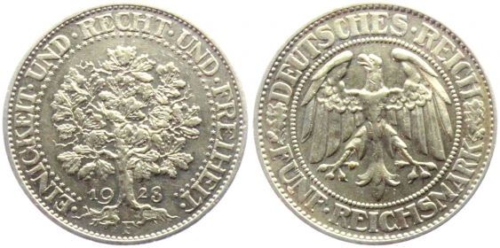 Weimarer Republik - J 331 - 1928 F - Eichbaum - 5 Reichsmark - vz+