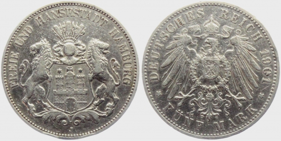 Hamburg - J 65 - 1901 J - Stadtwappen - 5 Mark - ss min. RF