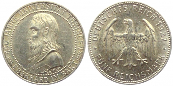 Weimarer Republik - J 329 - 1927 E - Uni Tübingen - 5 Reichsmark - gutes vz