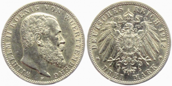 Württemberg - J 175 - 1912 F - Wilhelm II. (1891 - 1918) - 3 Mark - vz