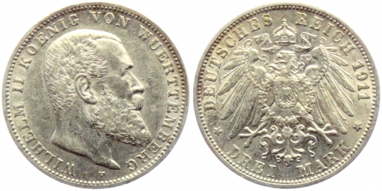 Württemberg - J 175 - 1911 F - Wilhelm II. (1891 - 1918) - 3 Mark - vz-st
