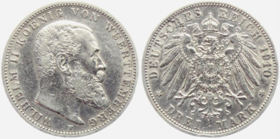 Württemberg - J 175 - 1910 F - Wilhelm II. (1891 - 1918) - 3 Mark - ss-vz