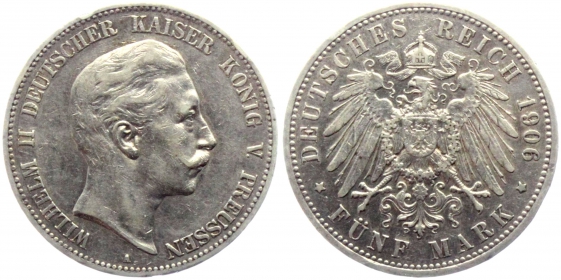 preussen - J 104 - 1906 A - Kaiser Wilhelm II. (1888-1918) - 5 Mark - ss+ min. RF