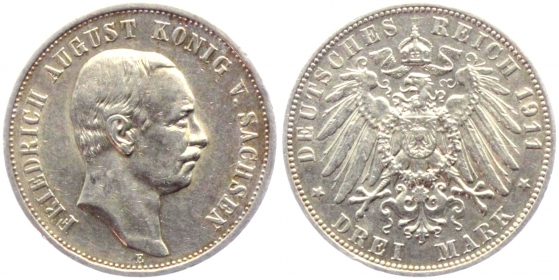 Sachsen - J 135 - 1911 E - Friedrich August III (1904-1918) - 3 Mark - vz min. RF
