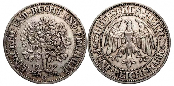 Weimarer Republik - J 331 - 1927 G - Eichbaum - 5 Reichsmark - ss