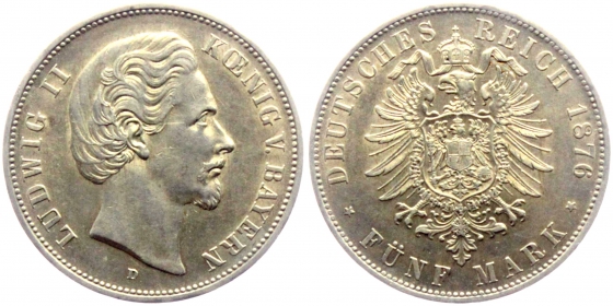 Bayern - J 42 - 1876 D - König Ludwig II. (1864-1886) - 5 Mark - vz+