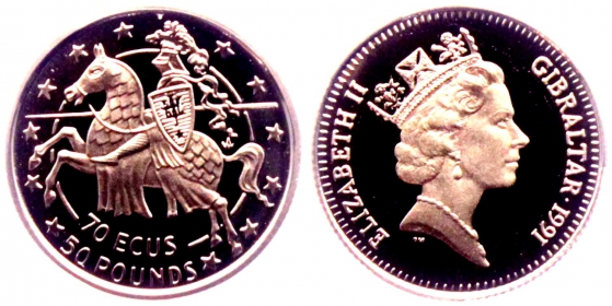 Gibraltar - 1991 - Ritter mit Lanze nach links reitend - 70 Ecus - 50 Pounds - PP