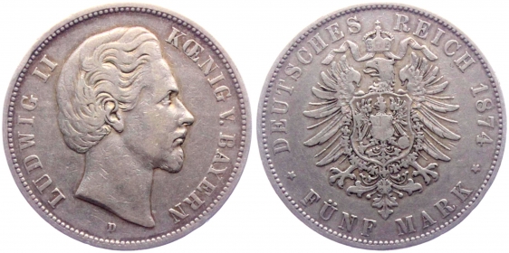 Bayern - J 42 - 1874 D - König Ludwig II. (1864-1886) - 5 Mark - ss