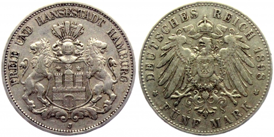 Hamburg - J 65 - 1898 J - Stadtwappen - großer Adler - 5 Mark - vz