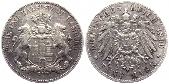 Hamburg - J 65 - 1899 J - Stadtwappen - großer Adler - 5 Mark - ss