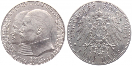 Hessen - J 75 - 1904 A - Ernst Ludwig (1892-1918) mit Landgraf Philipp zum 400. Geburtstag - 5 Mark - vz