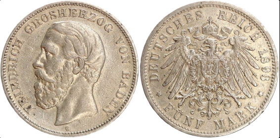Baden - J 29 - 1893 G - Friedrich I. (1852-1907) - 5 Mark - ss+