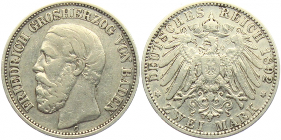 Baden - J 28 - 1892 G - Friedrich I. (1852 - 1907) - 2 Mark - ss