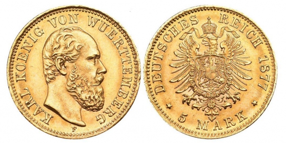 Württemberg - J 291 - 1877 F - Karl von Württemberg (1864-1891) - 5 Mark - f.st