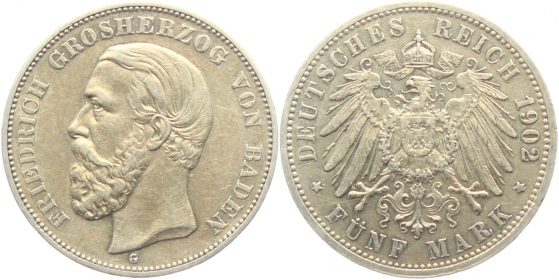Baden - J 29 - 1902 G - Friedrich I. (1852 - 1907) - 5 Mark - vz