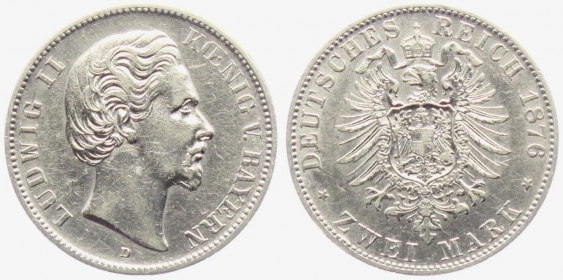 Bayern - J 41 - 1876 D - König Ludwig II. (1864 - 1886) - 2 Mark - vz-Kr.