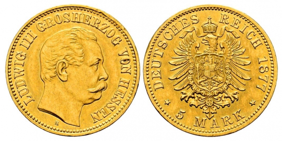 Hessen - J 215 - 1877 H - Ludwig III. von Hessen (1848-1877) - 5 Mark - vz