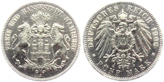 Hamburg - J 65 - 1908 J - Stadtwappen - 5 Mark - ss-vz
