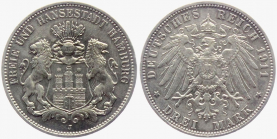 Hamburg - J 64 - 1911 J - Stadtwappen - 3 Mark - vz