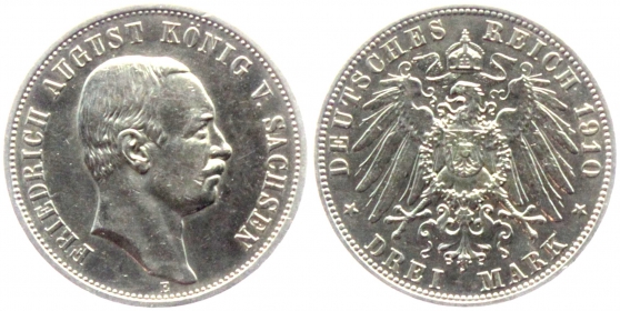 Sachsen - J 135 - 1910 E - Friedrich August III. (1904-1918) - 3 Mark - vz