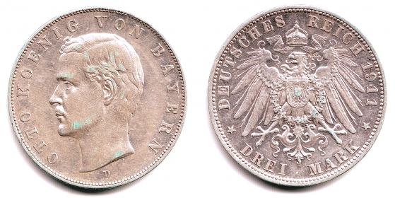 Bayern - J 47 - 1911 D - König Otto (1886 - 1913) - 3 Mark - vz