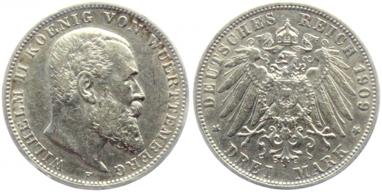 Württemberg - J 175 - 1909 F - Wilhelm II. (1891-1918) - 3 Mark - ss-vz