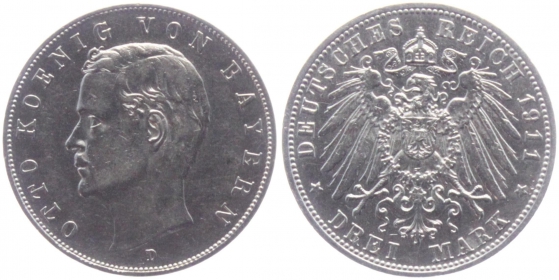 Bayern - J 47 - 1911 D - König Otto (1886-1913) - 3 Mark - ss-vz