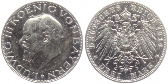 Bayern - J 52 - 1914 D - Ludwig III. (1913-1918) - 3 Mark - vz-st