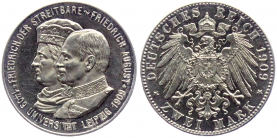 Sachsen - J 138 - 1909 - Friedrich August III. (1904-1918) - Uni Leipzig - 2 Mark - vz-st