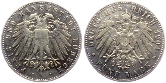 Lübeck - J 83 - 1904 A - Stadtwappen - 5 Mark - ss