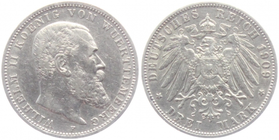 Württemberg - J 175 - 1909 F - Wilhelm II. (1891-1918) - 3 Mark - ss-vz