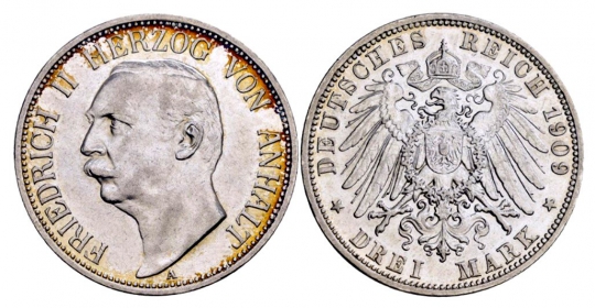Anhalt - J 23 - 1909 A - Friedrich II. (1904-1918) - 3 Mark - vz+