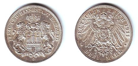 Hamburg - J 64 - 1911 J - Stadtwappen - 3 Mark - vz-st