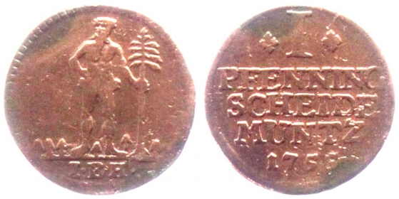 Braunschweig-Calenberg-Hannover - 1755 IBH -  Georg II. (1727-1760) - Wilder Mann - 1 Pfennig - ss