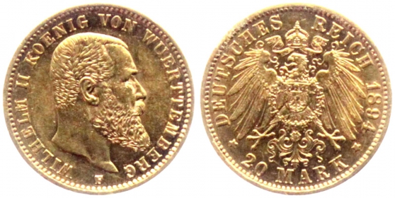 Württemberg - J 296 - 1894 F - Wilhelm II. (1891-1918) - 20 Mark - f.st