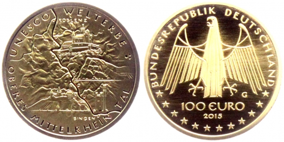 BRD - 2015 G - Oberes Mittelrheintal - UNESCO-Welterbe - 100 Euro - st in Box mit Zertifikat