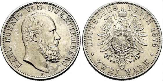 Württemberg - J 172 - 1876 F - Karl von Württemberg (1864-1891) - 2 Mark - vz