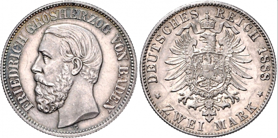 Baden - J 26 - 1888 G - Großherzog Friedrich I. (185-1907) - 2 Mark - vz+
