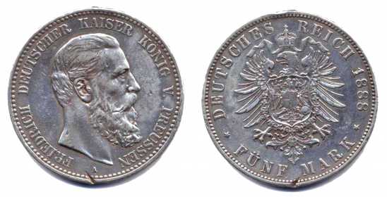 Preussen - J 99 - 1888 A - Friedrich III. (1888) - 5 Mark - ss-RF