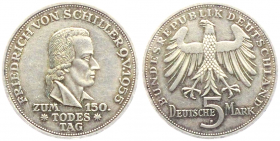 BRD - J 389 - 1955 F - Friedrich von Schiller - 5 Mark - bankfrisch