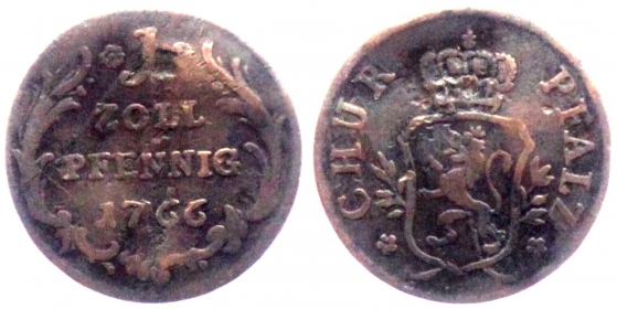 Kurpfalz - 1766 - Karl Theodor (1743-1799) - 1 Zollpfennig - f.ss