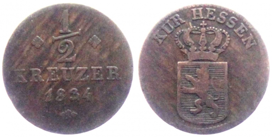 Hessen-Kassel - 1834 - Wilhelm II. (1821-1847) - 1/2 Kreuzer - ss