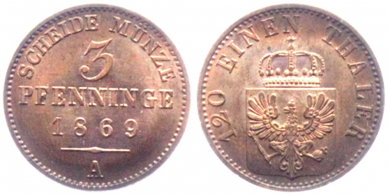 Preussen - 1869 A - Wilhelm I. (1861-1888) - 3 Pfennig - st