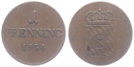 Bayern - 1834 - Ludwig I. (1825-1848) - 1 Pfennig - ss