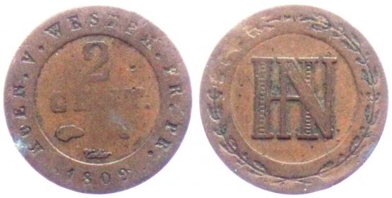 Westfalen, Königreich - 1809 C - Hieronymus Napoleon (1807-1813) - 2 Centimes - s