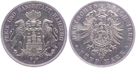Hamburg - J 62 - 1888 J - kleines Stadtwappen - 5 Mark - vz+ - min. ber.