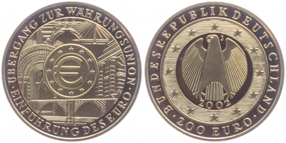 BRD - 2002 J - Währungsunion - Euroeinführung - 200 Euro - st in Box mit Zertifikat
