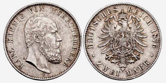 Württemberg - J 172 - 1876 F - Karl von Württemberg (1864-1891) - 2 Mark - f.st
