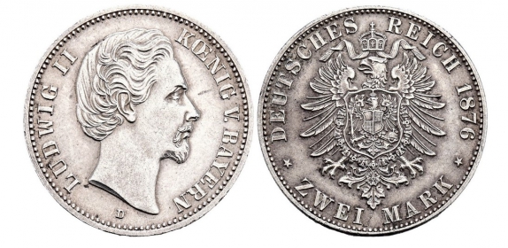 Bayern - J 41 - 1876 J - Ludwig II. (1864-1886) - 2 Mark - vz-st