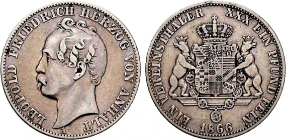 Anhalt-Dessau - 1866 A - Leopold Friedrich (1817-1871) - Vereinstaler - ss+